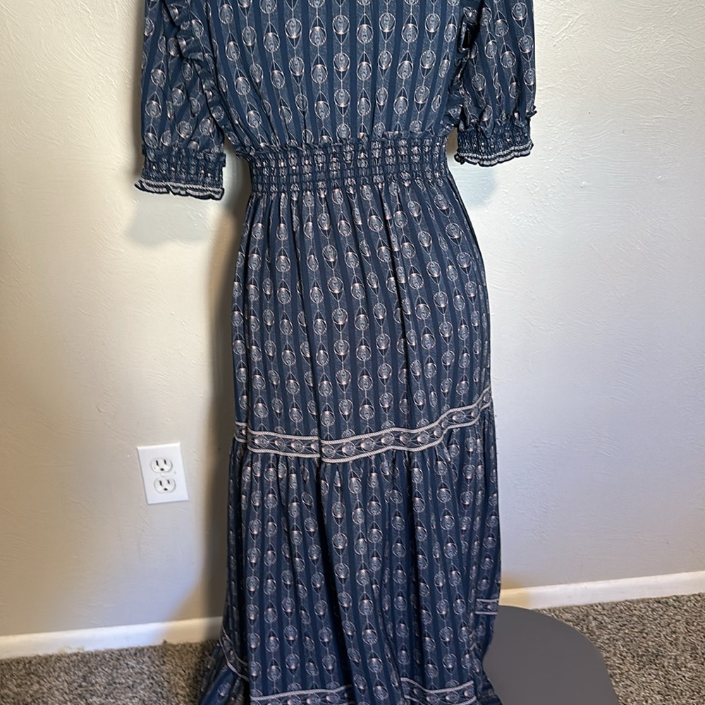 Like New Max Studio Cottagore Navy Blue Patterned Maxi Dress Size Small - Picture 4 of 16